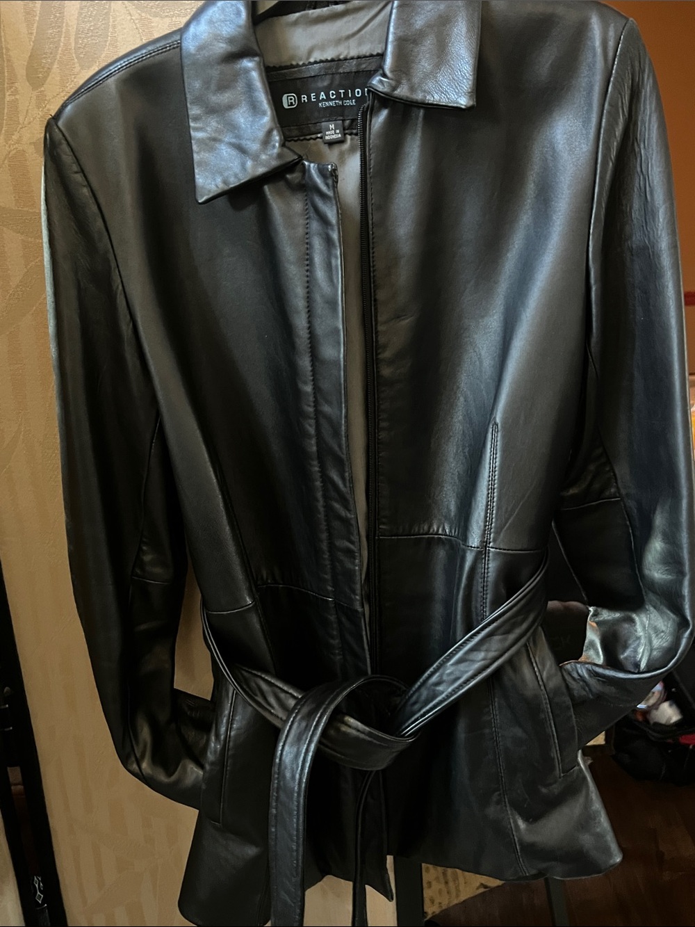 Reaction Kenneth Cole Black Leather Belted Jacket